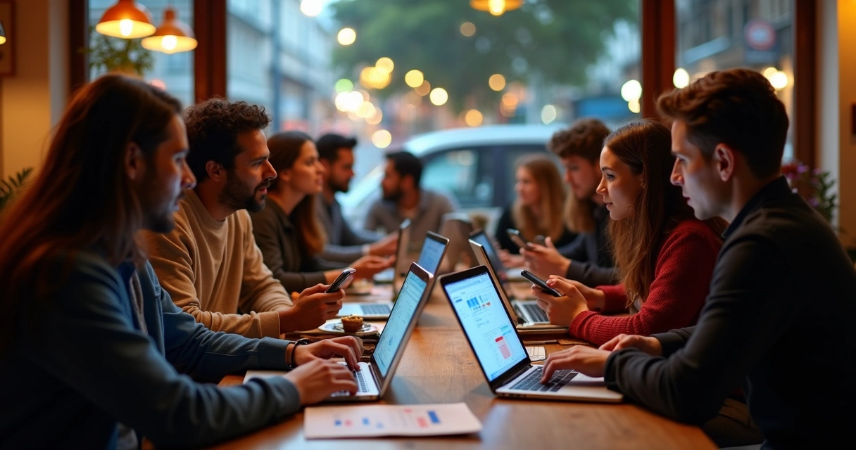 Grupo de pessoas debatendo cenário de previsão em uma mesa de café