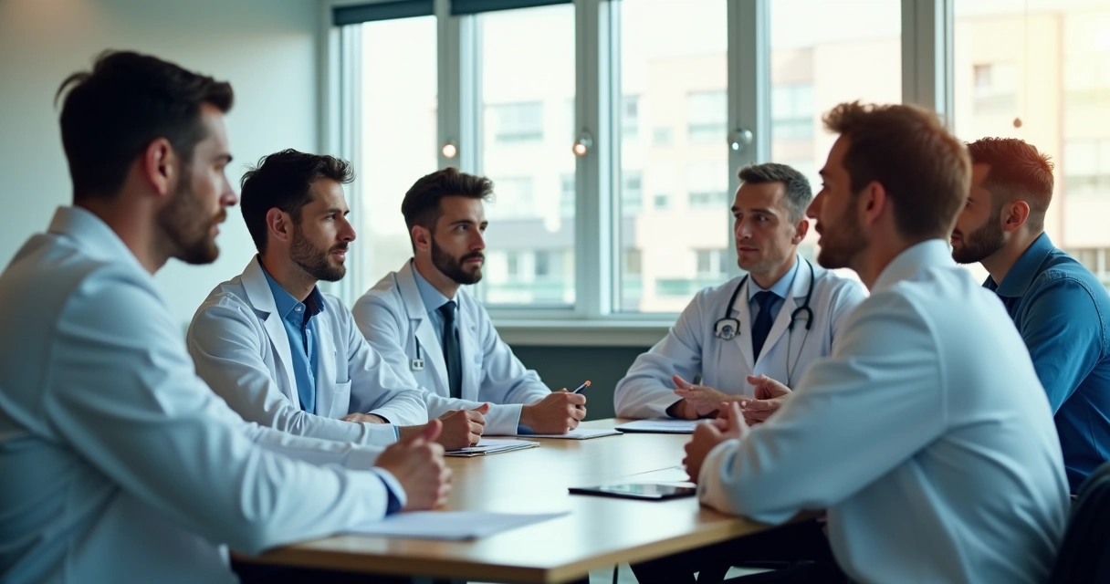 Professores e alunos discutem caso clínico em sala de aula universitária 