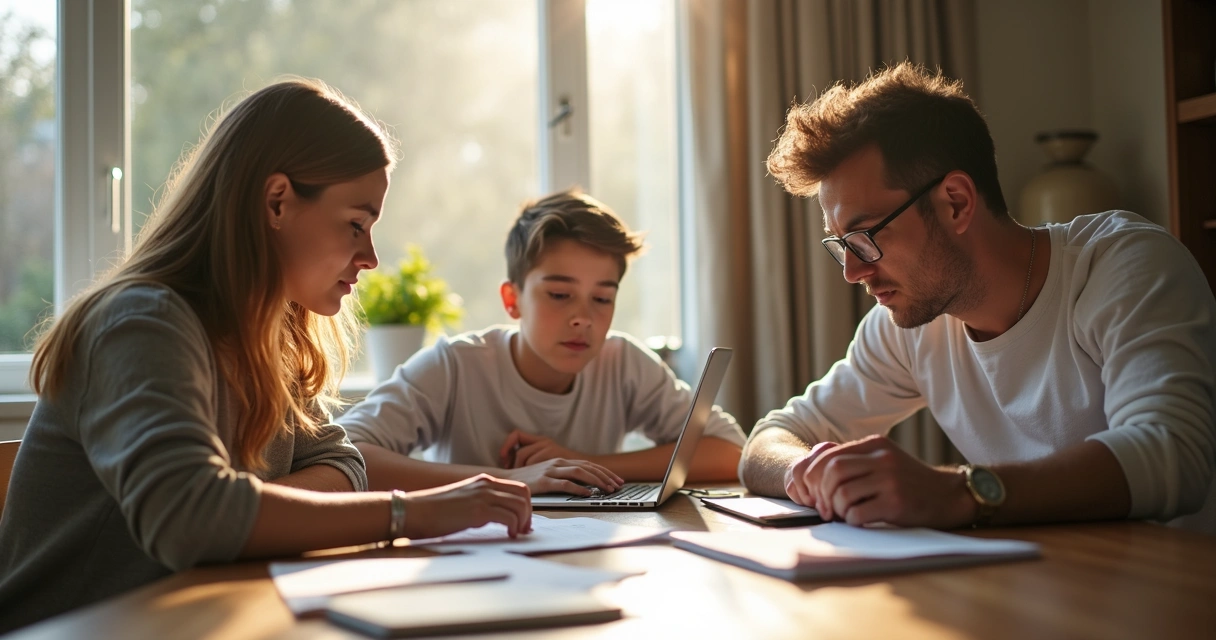 Três pessoas sentadas à mesa discutindo trabalho, papéis sobre a mesa, expressão pensativa, luz natural 