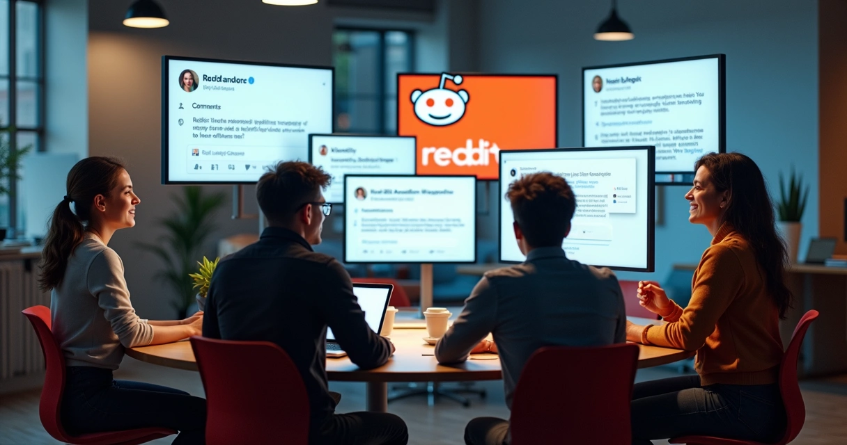 Usuários sentados em círculo discutindo tópicos em telas grandes com logo do Reddit. 