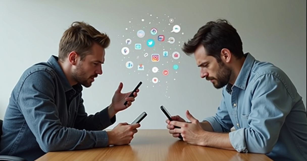 Duas pessoas digitando em celulares, sentadas em lados opostos de uma mesa, expressando divergência. 