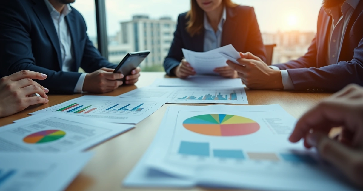 Grupo discutindo sobre novas regras imobiliárias com gráficos na mesa 