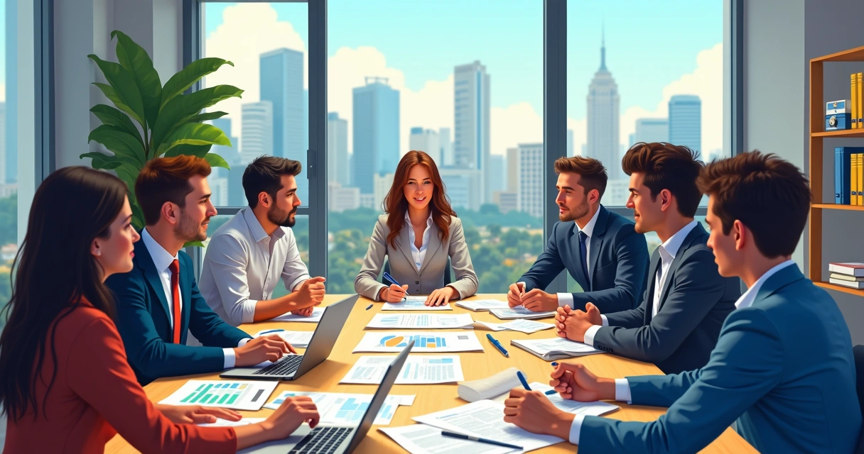 Grupo discutindo reformas tributárias em escritório moderno 