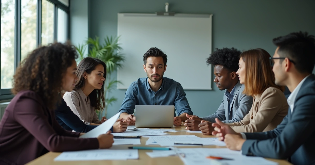 Equipe de trabalho em reunião conversando em uma sala moderna