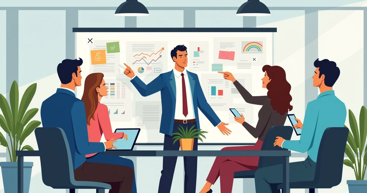 Equipe de negócios discutindo resultado de projeto em quadro branco 