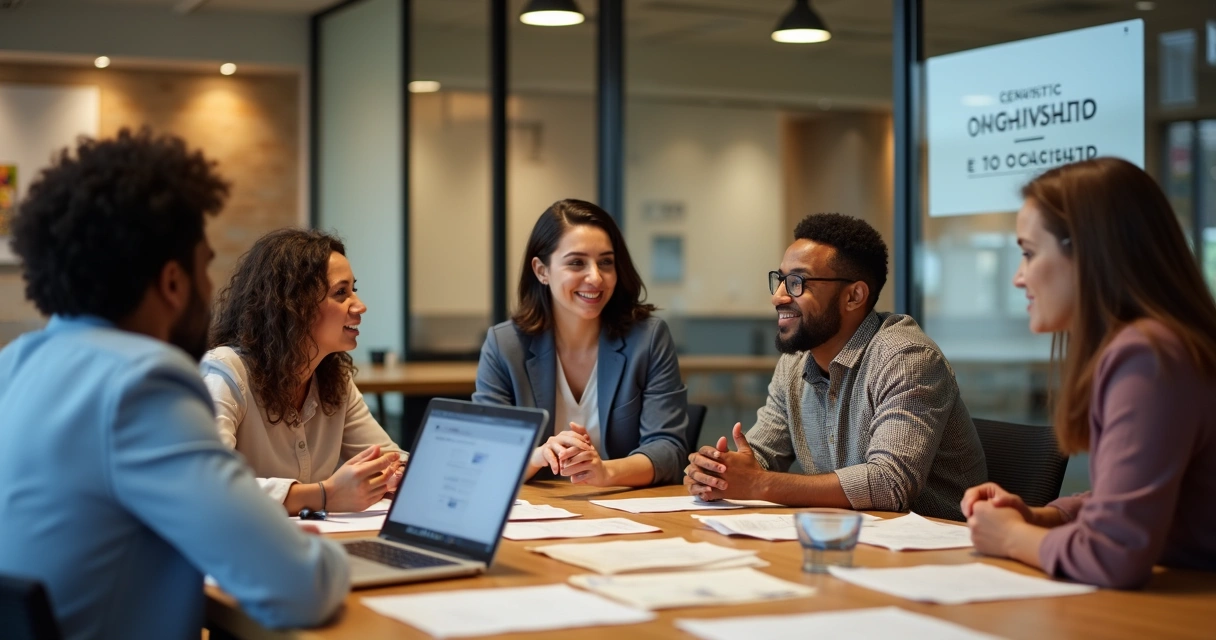 Profissionais discutindo em sala de reunião, papéis sobre a mesa 