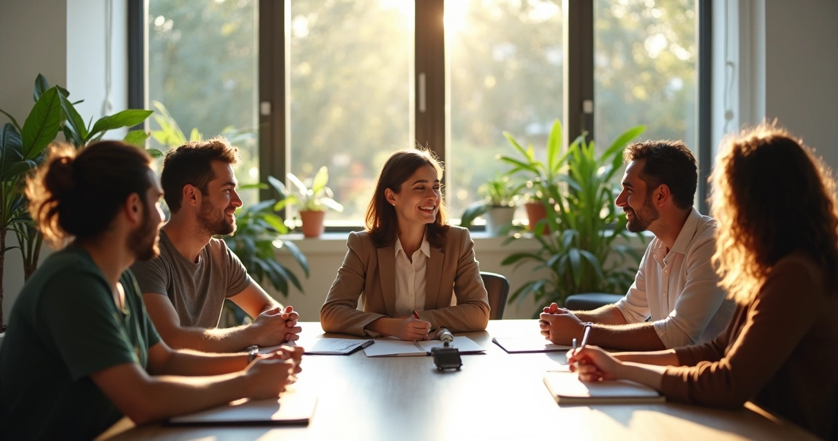 Equipe reunida em volta de uma mesa de reunião discutindo de forma respeitosa, sala iluminada 