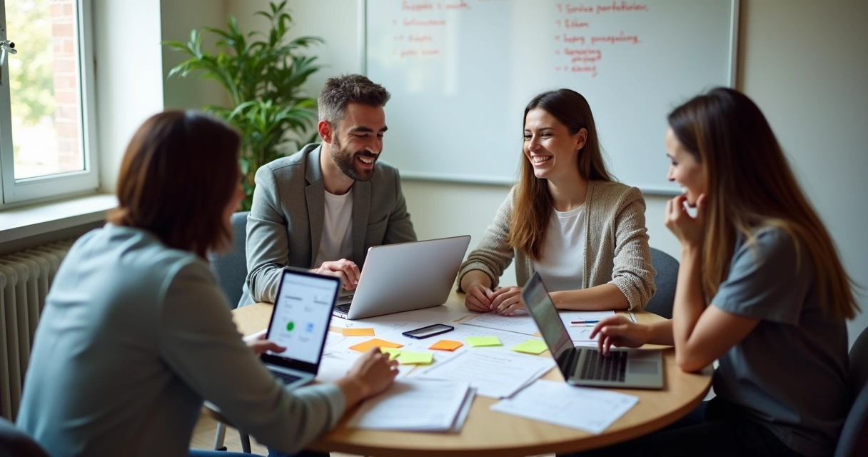 Grupo em reunião, analisando ideias em torno de uma mesa com tablets e celulares