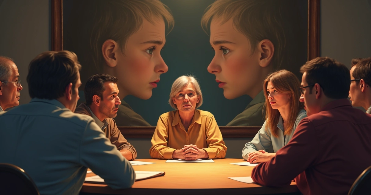 Mesa redonda de pessoas debatendo com expressões tensas e um espelho mostrando imagens de infância ao fundo 