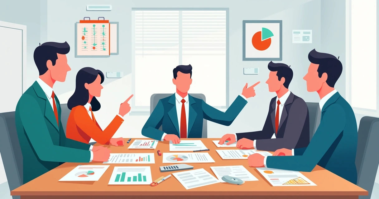 Equipe discutindo taxas e contratos de pagamentos em uma mesa de reunião. 