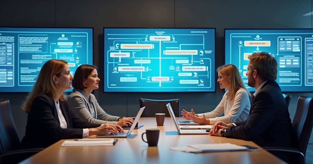 Reunião técnica do comitê gestor de notas fiscais digitais, com gráficos e sistemas ao fundo 