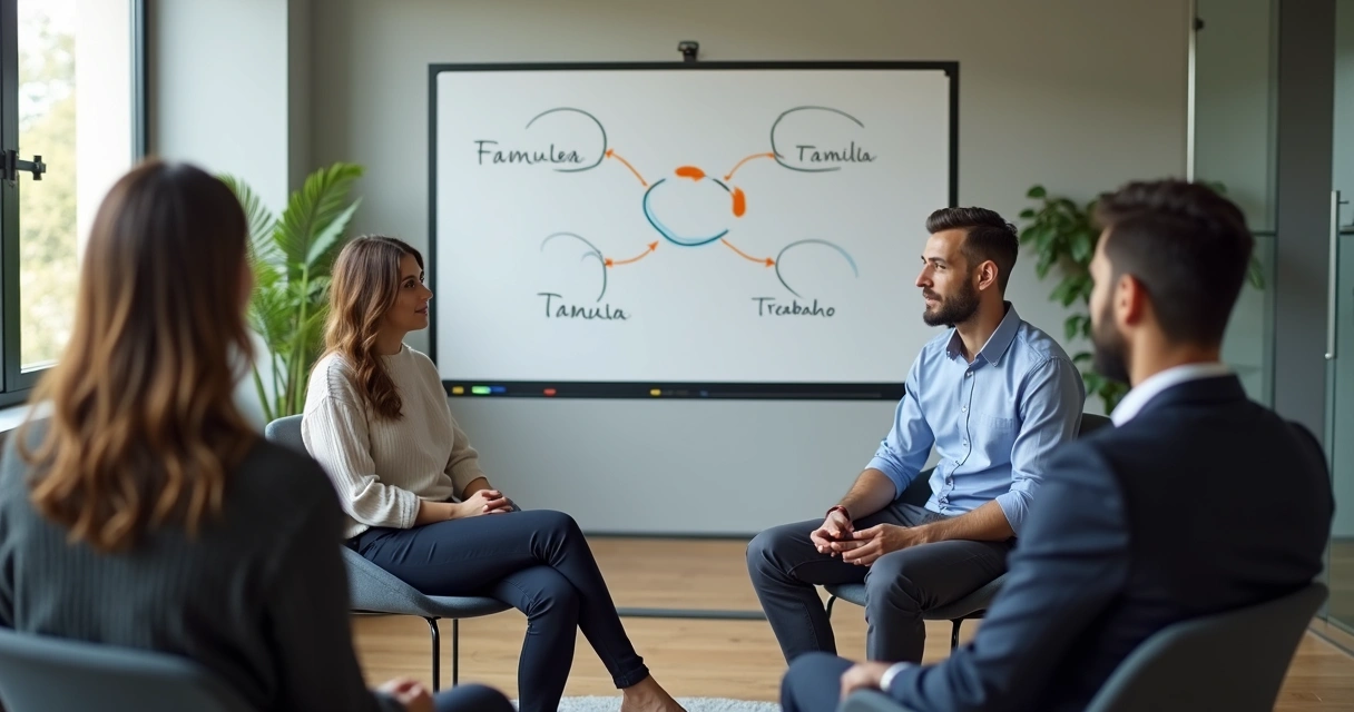 Sessão terapêutica de grupo discutindo relações profissionais 