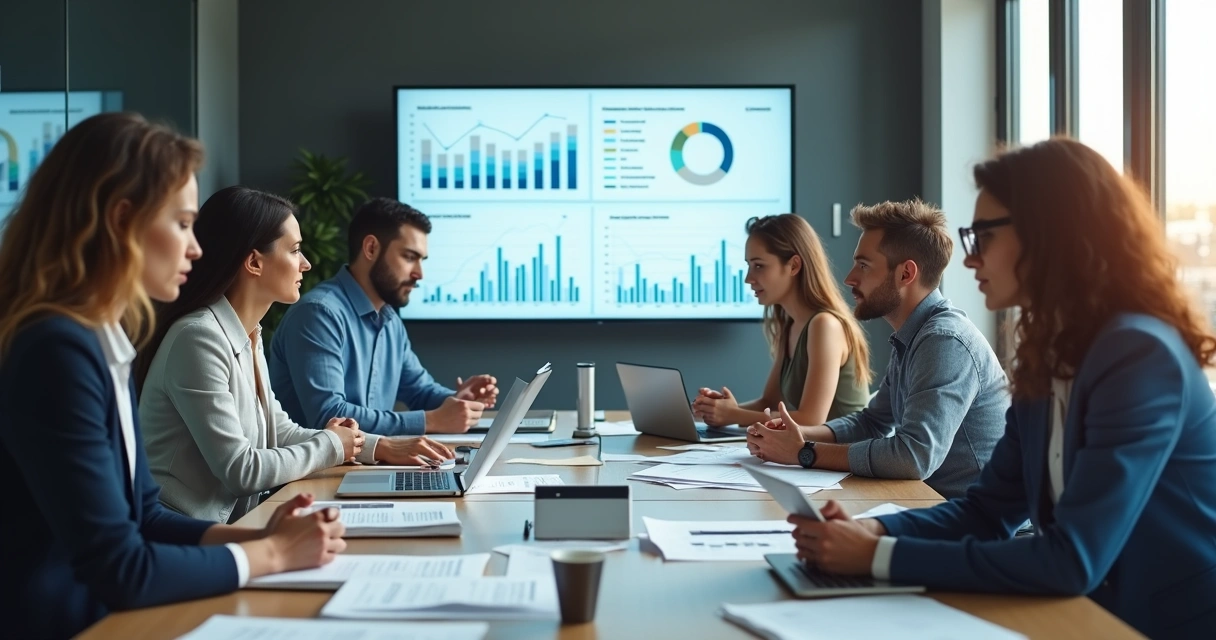 Pessoas analisando gráficos e discutindo dados de aquisição 