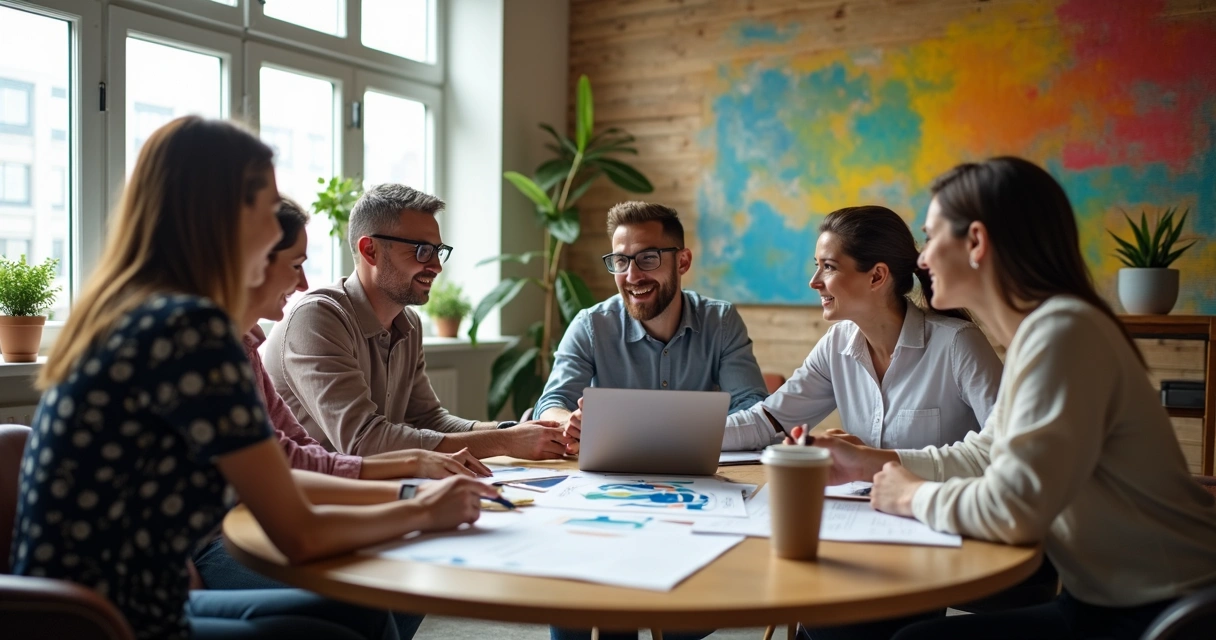 Time empresarial discutindo ideias em uma mesa redonda 