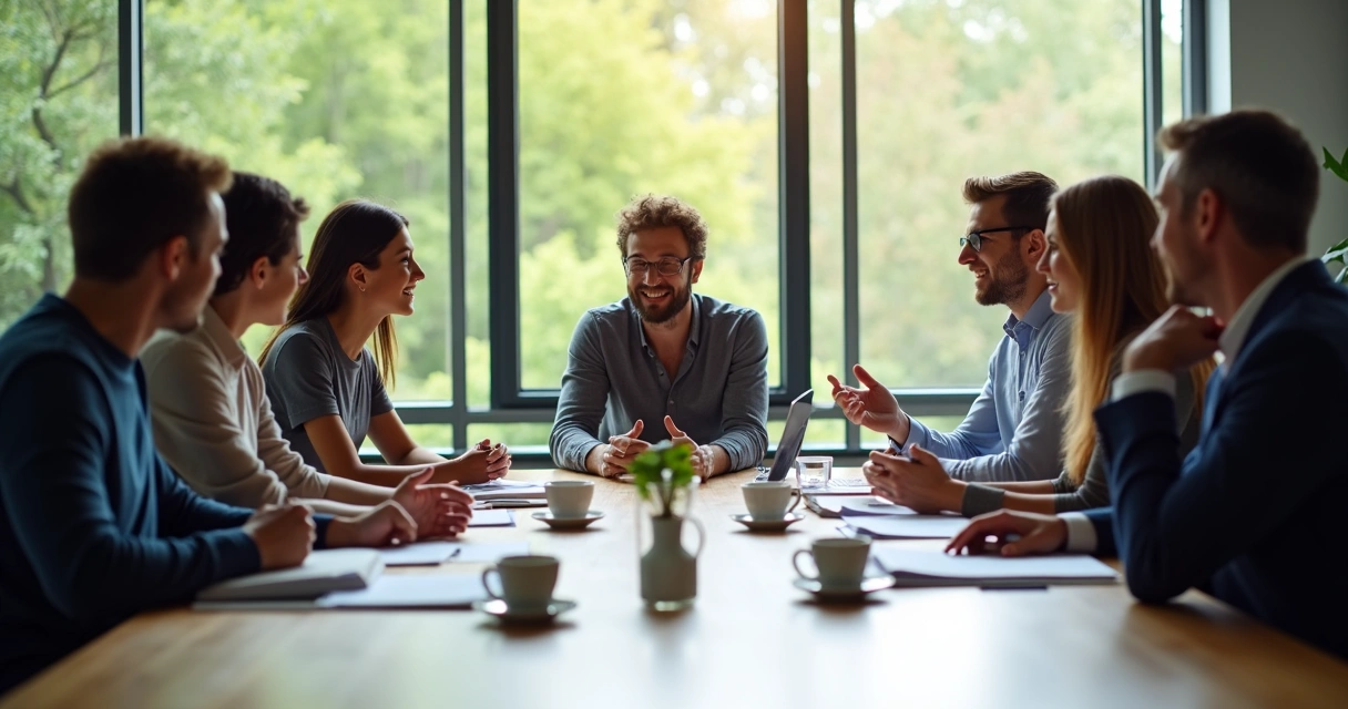 Equipe reunida conversando sobre propósito em uma mesa de trabalho 