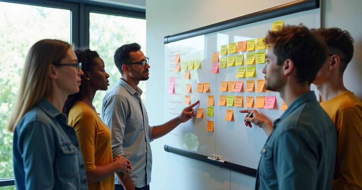 Equipe de tecnologia discutindo tarefas em uma lousa. 