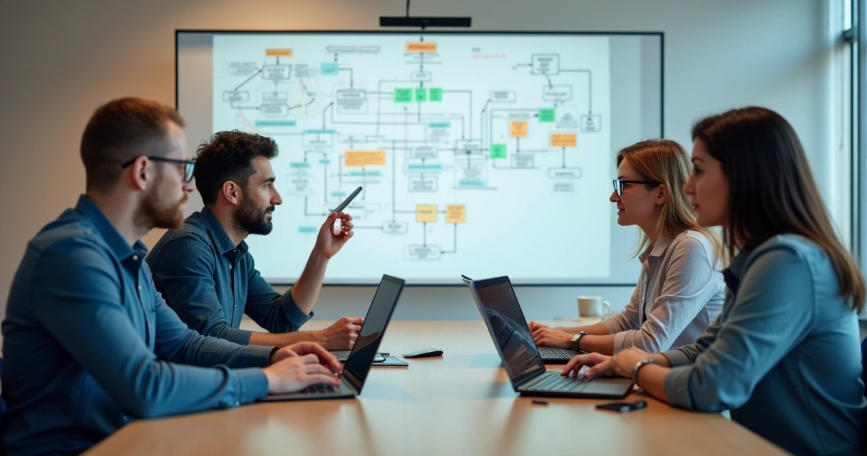Equipe de TI discutindo solução em frente a quadro com fluxogramas 