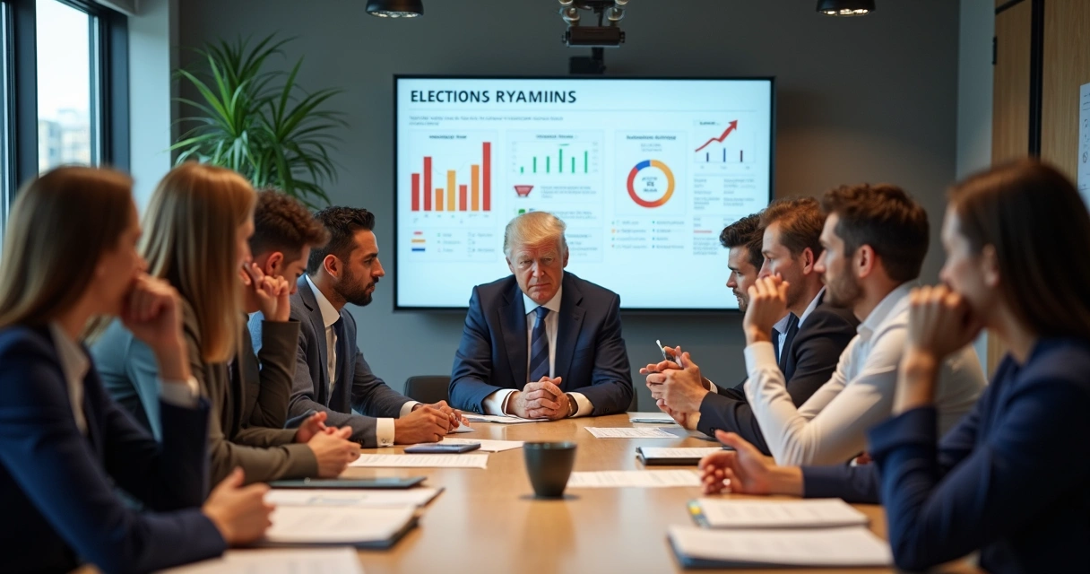 Pessoas em mesa de trabalho conversando sobre eleições, com expressão de preocupação na equipe 