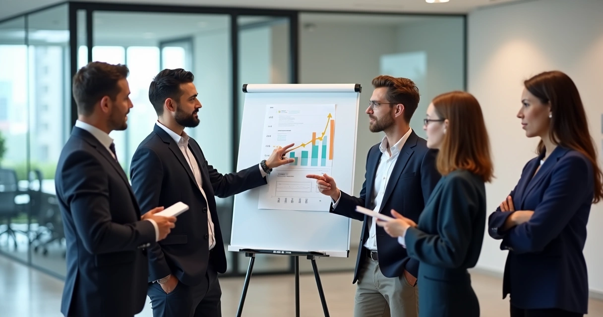 Colegas de trabalho discutindo juntos em frente a um quadro branco 