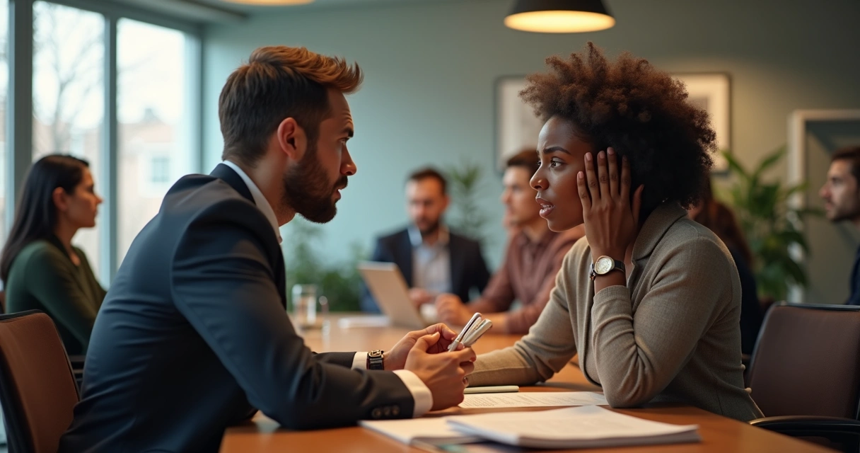 Dois colegas de trabalho discutindo em sala de reunião