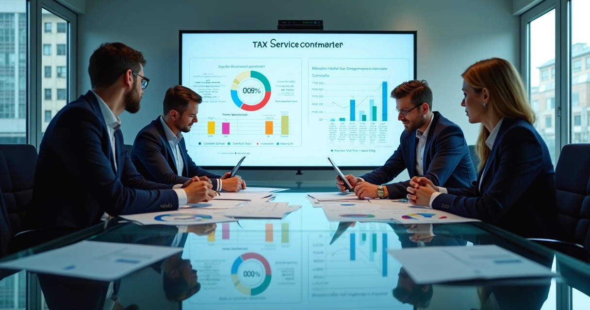 Equipe discutindo questões tributárias em reunião 