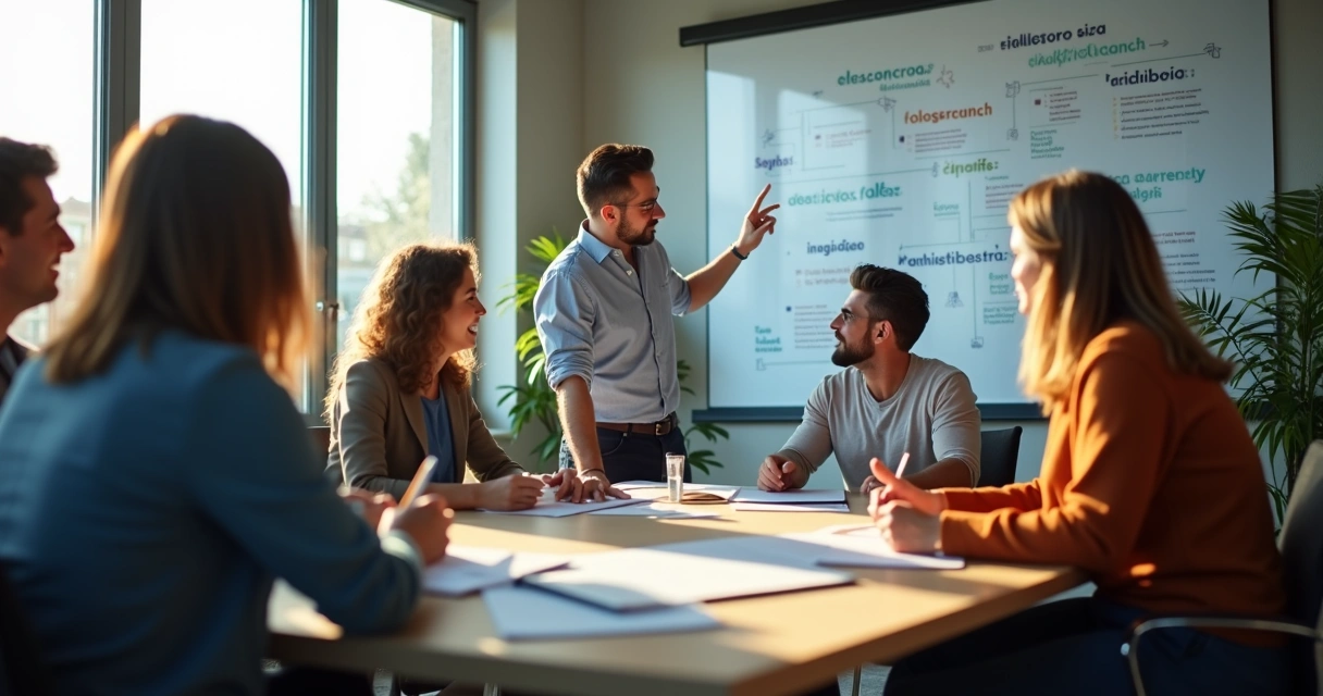 Equipe em reunião, sentados ao redor de uma mesa, debatendo valores da empresa 
