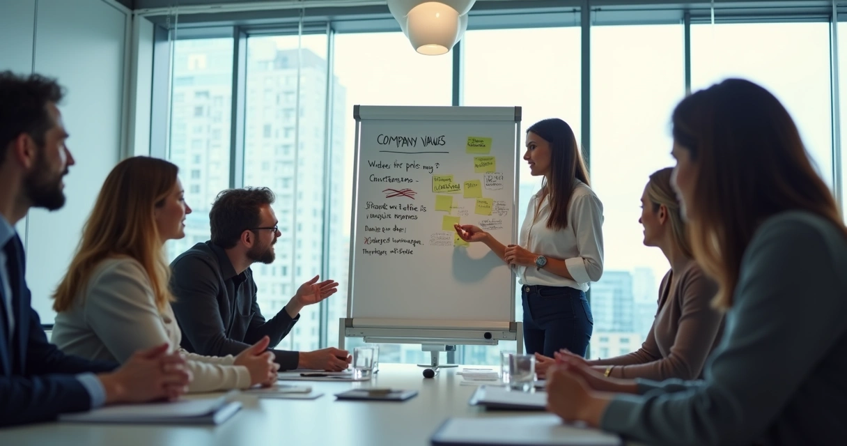 Equipe discutindo valores da empresa em sala de reunião