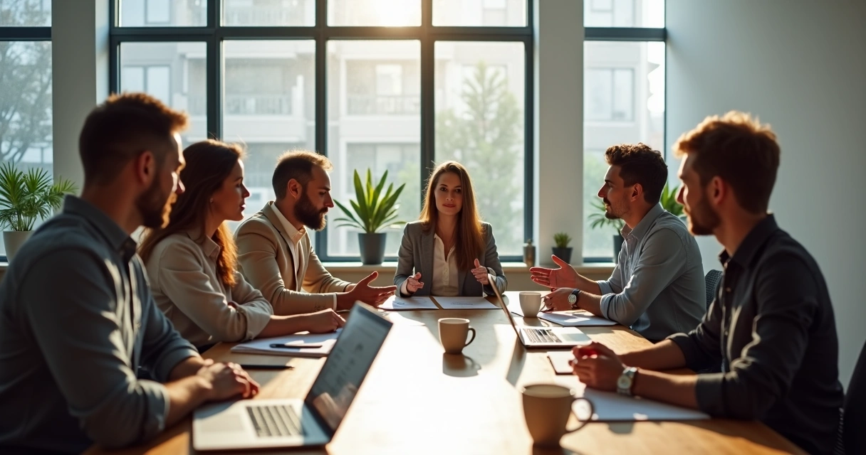 Grupo de colegas de trabalho dialogando em torno de mesa 