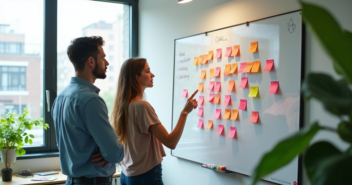 Dois colegas conversando sobre objetivos em frente a quadro branco 