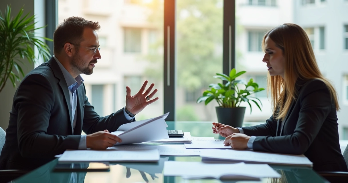 Duas pessoas discutem com contrato de venda em mãos