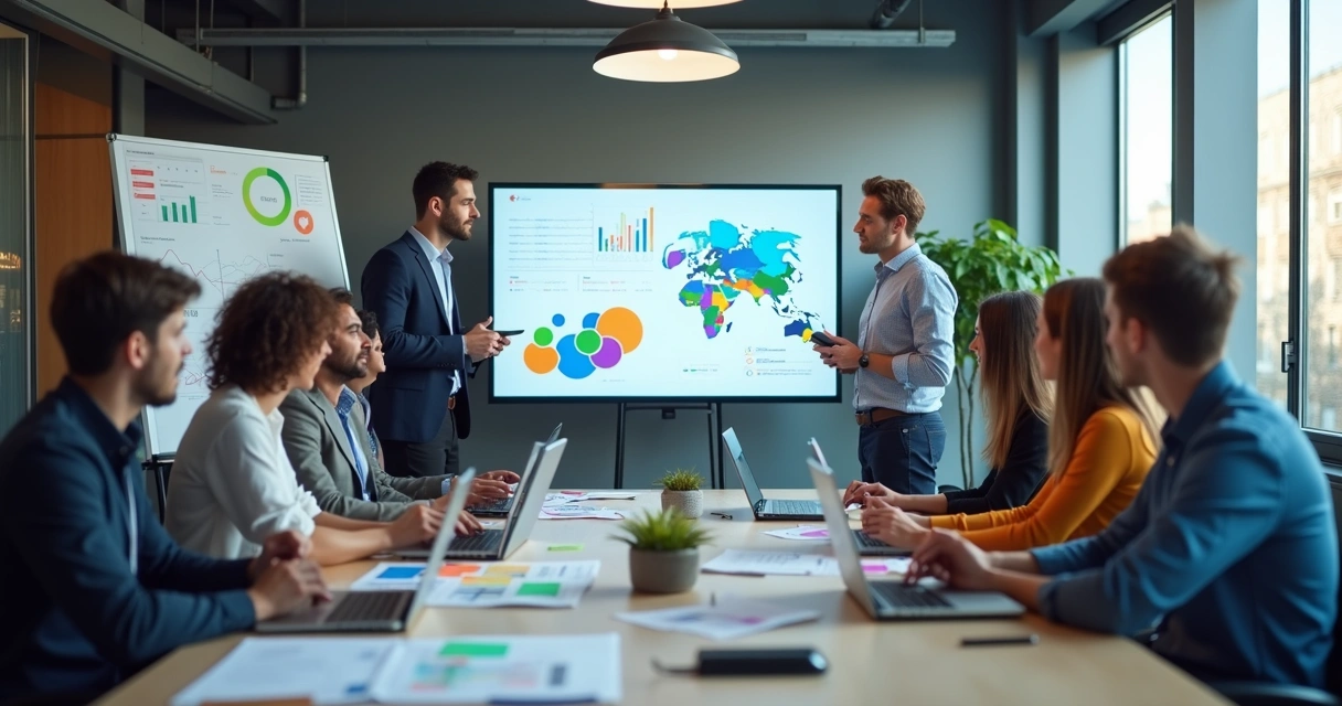 Equipe de vendas discutindo estratégias com gráficos em fundo claro 
