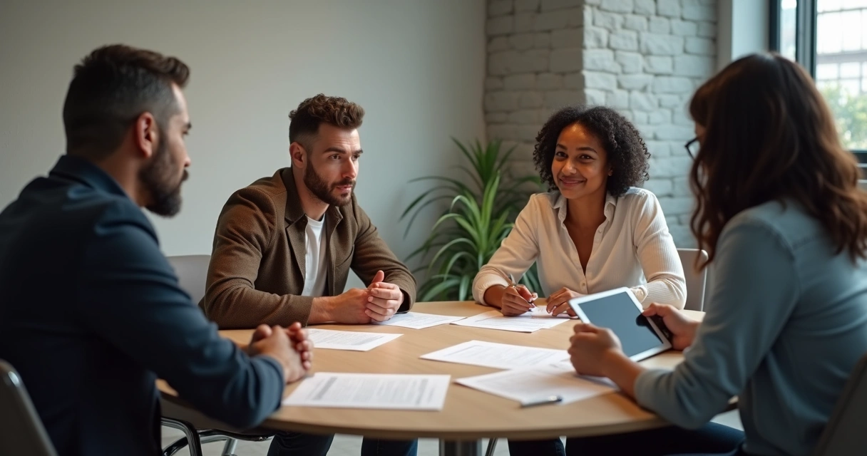 Four people having a serious discussion at a round table