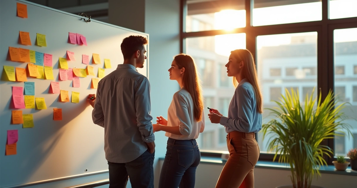 Coworkers brainstorming ideas at a whiteboard 