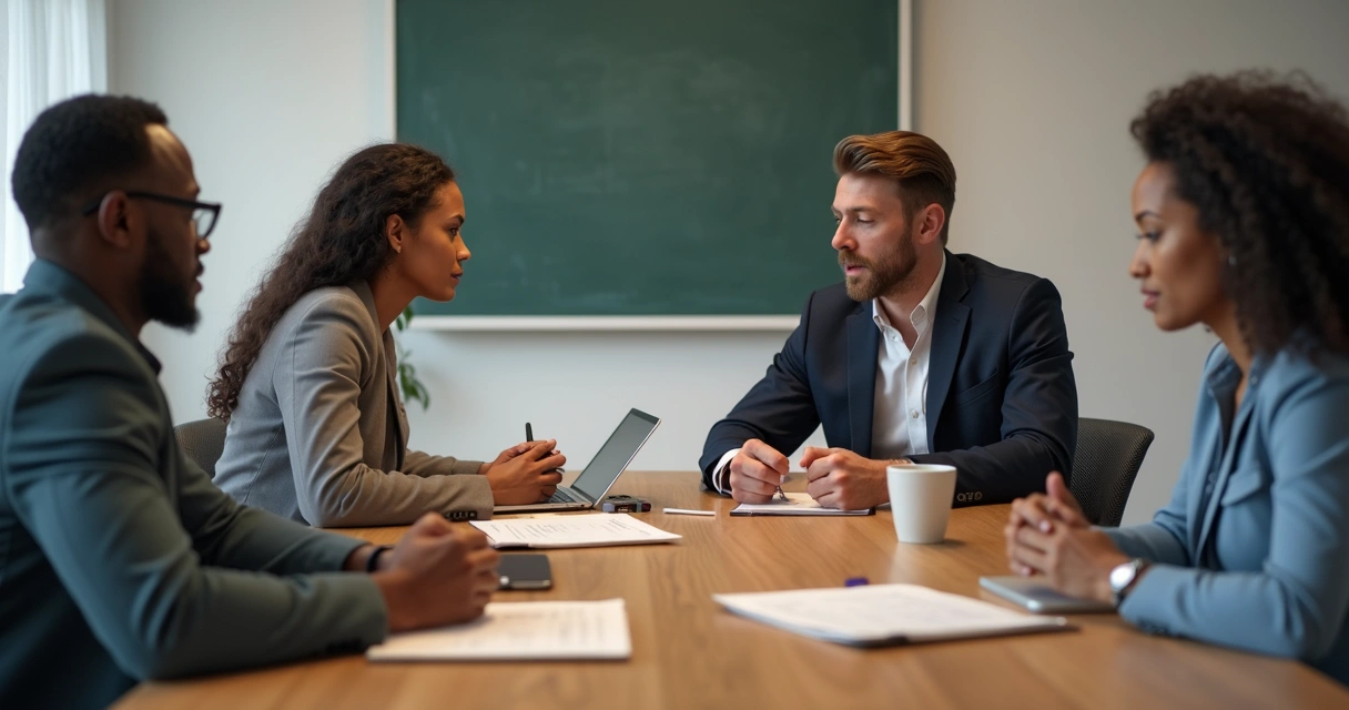 Equipe de trabalho em reunião com diferentes expressões faciais e corporais 