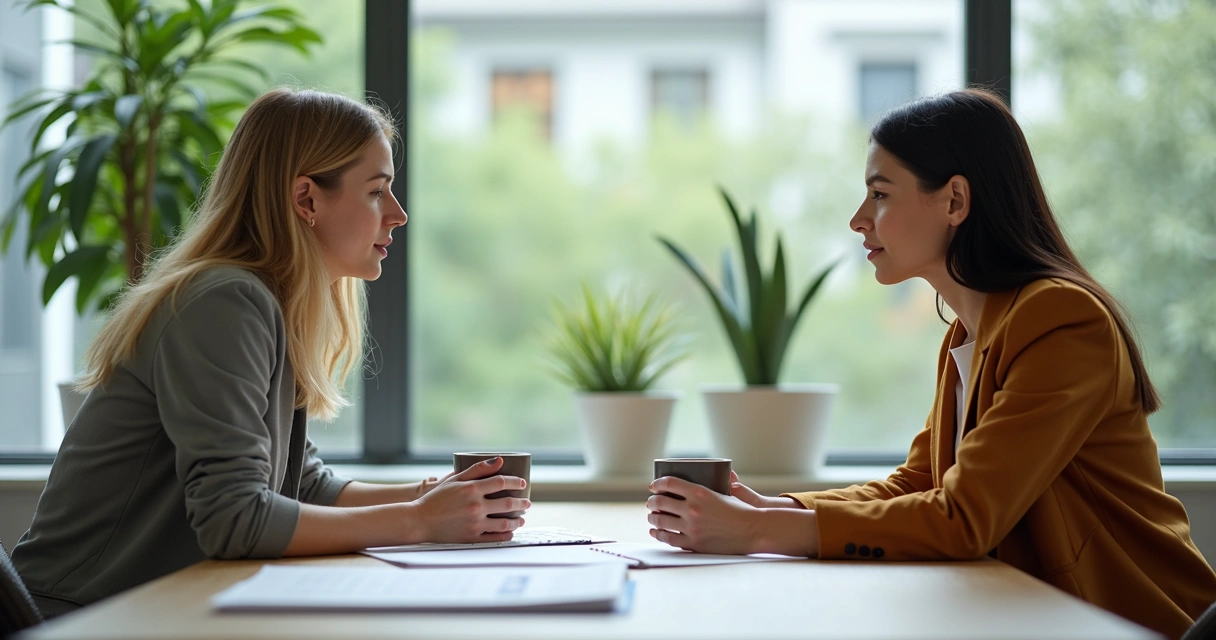 Dos personas hablando con calma en un entorno moderno 