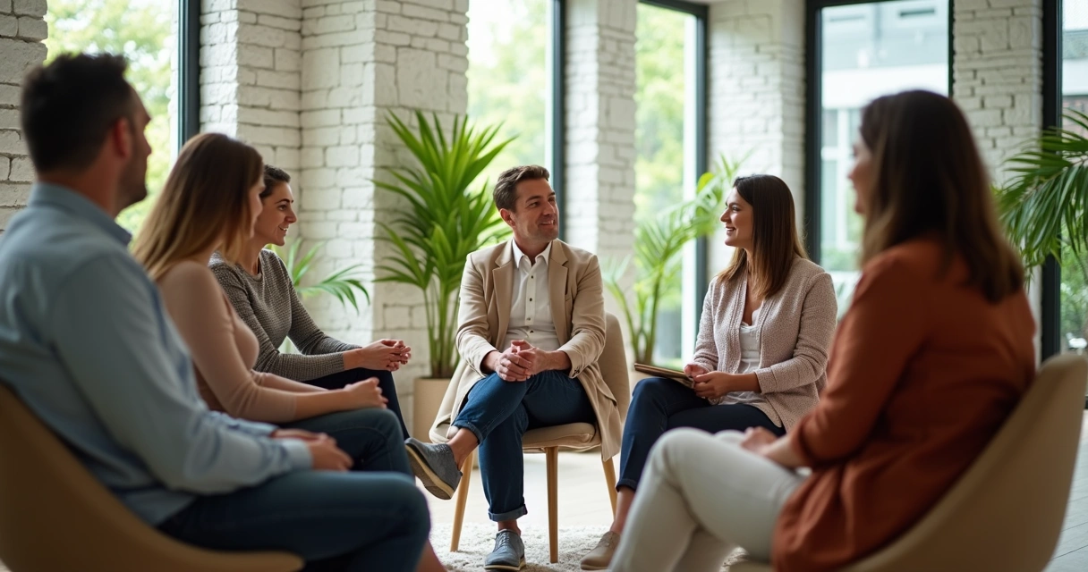 Personas reunidas en círculo en una sala luminosa, mostrando intercambio y diálogo 