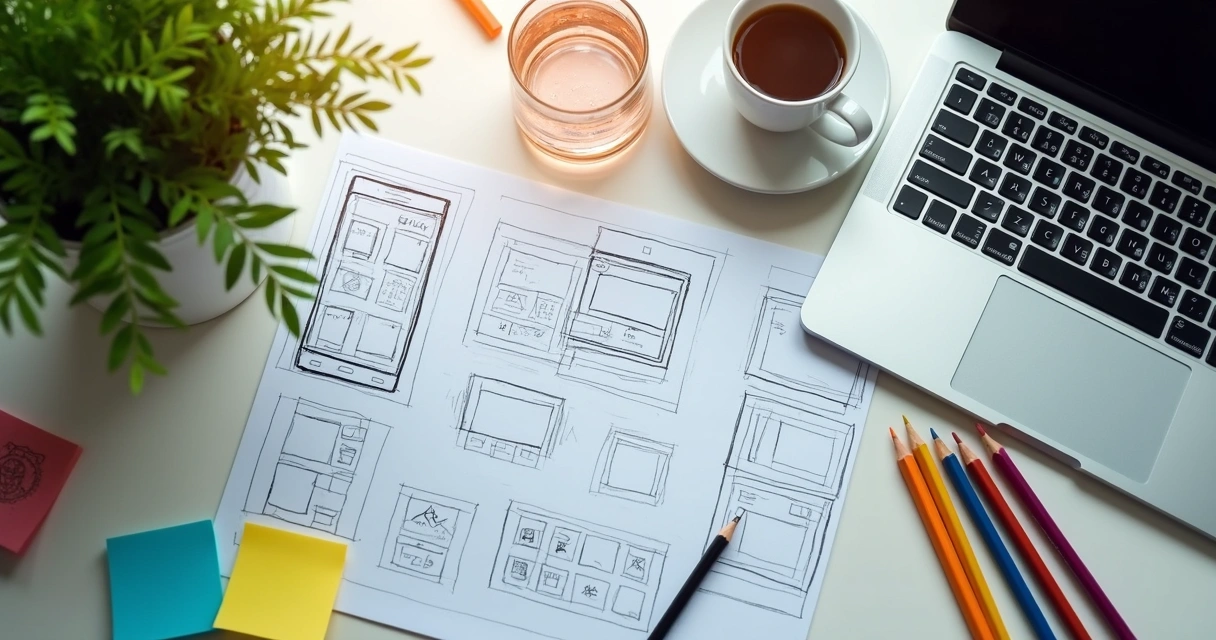 Wireframes y mockups dibujados a mano junto a una laptop 