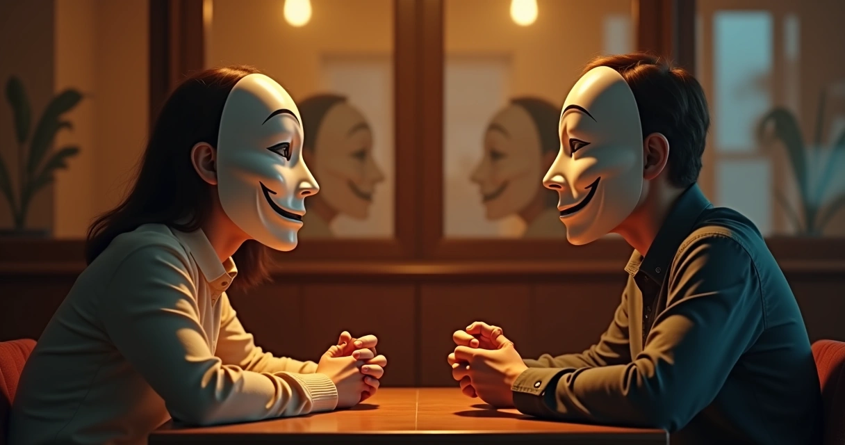 Duas pessoas sentadas em lados opostos de uma mesa, cada uma usando uma máscara diferente