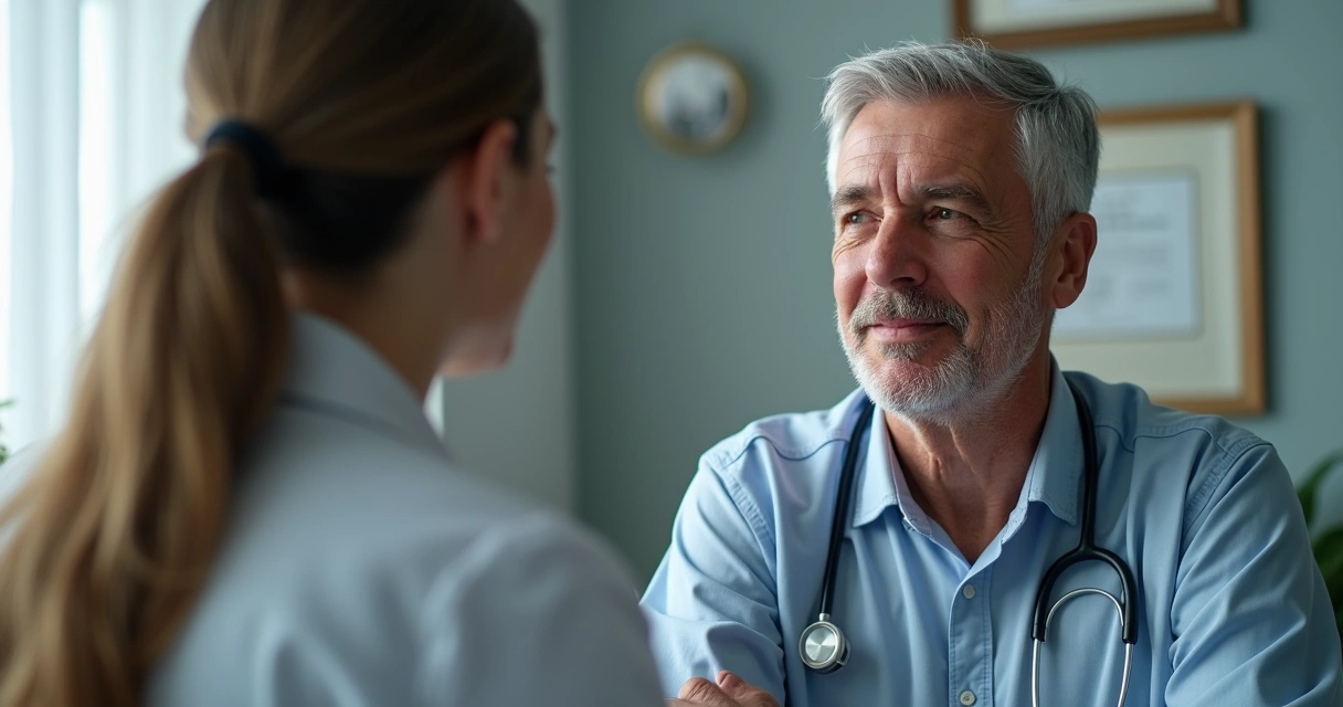 Homem conversando com médica sobre disfunção erétil em consultório 