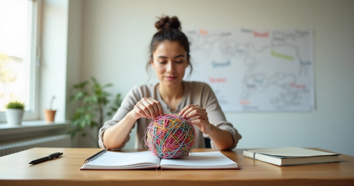 Person calmly unraveling tangled threads of thought in a bright minimal room 