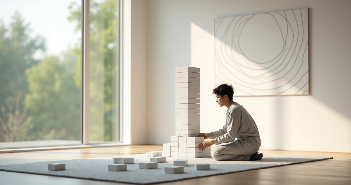 Person calmly rearranging toppled white blocks in a sunlit minimalist room 