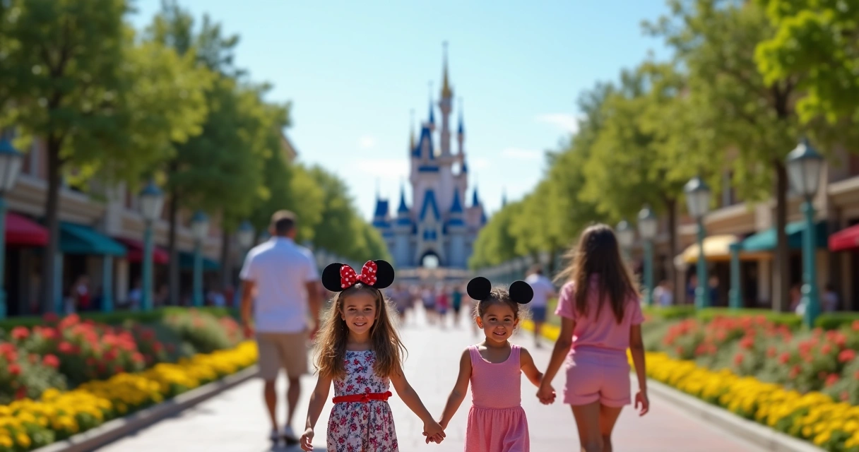 Família caminhando por parque Disney com céu azul