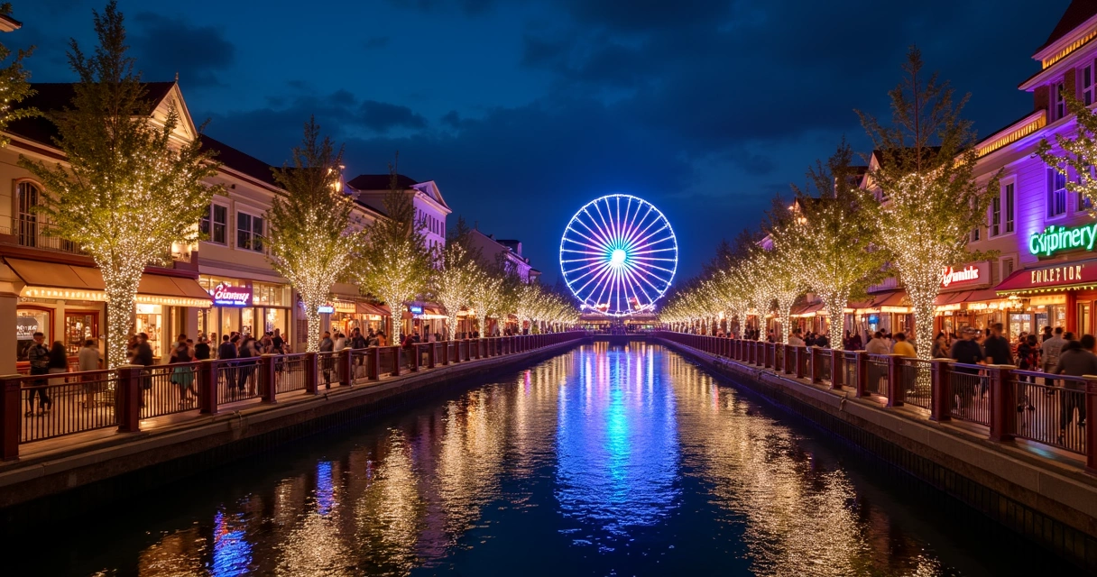 Disney Springs à noite com luzes e visitantes