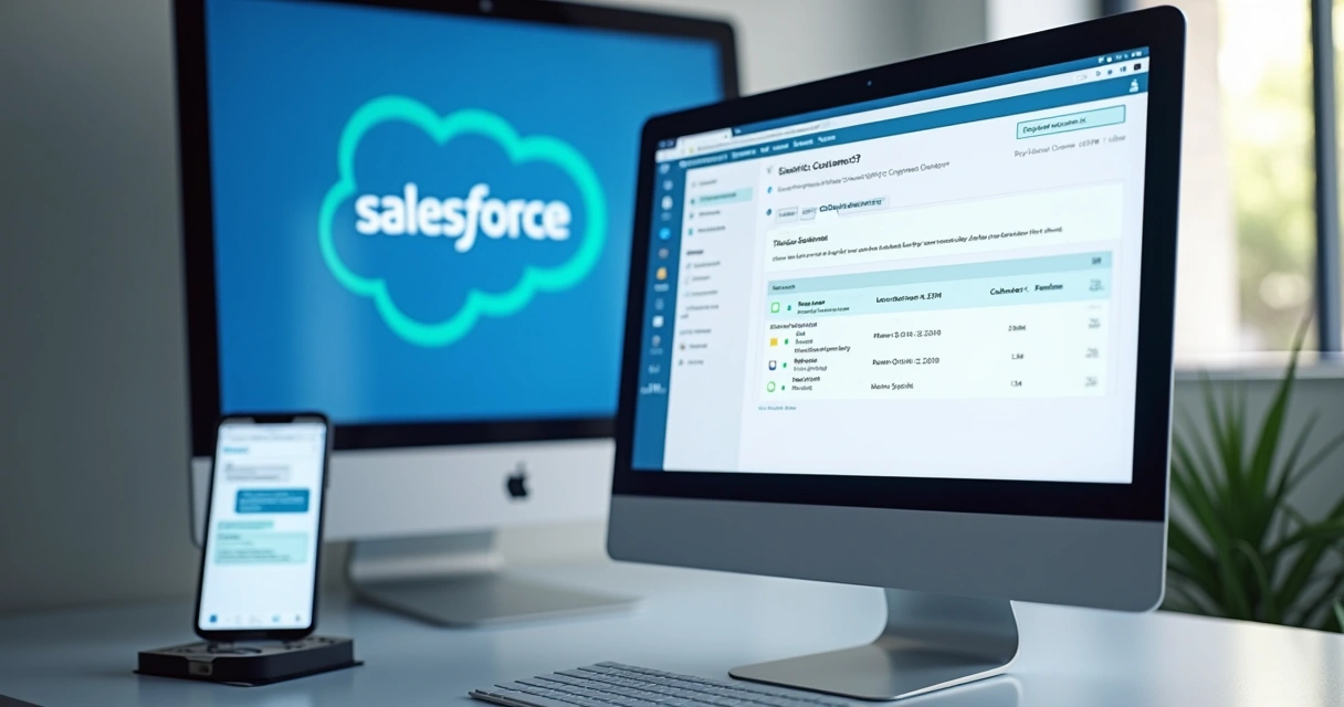 Disparo automático de pesquisa via SMS no Salesforce mostrando interface de CRM e celular enviando SMS 