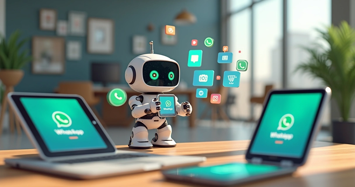 Robô enviando mensagens de vendas em massa para múltiplos clientes em telas de celular 