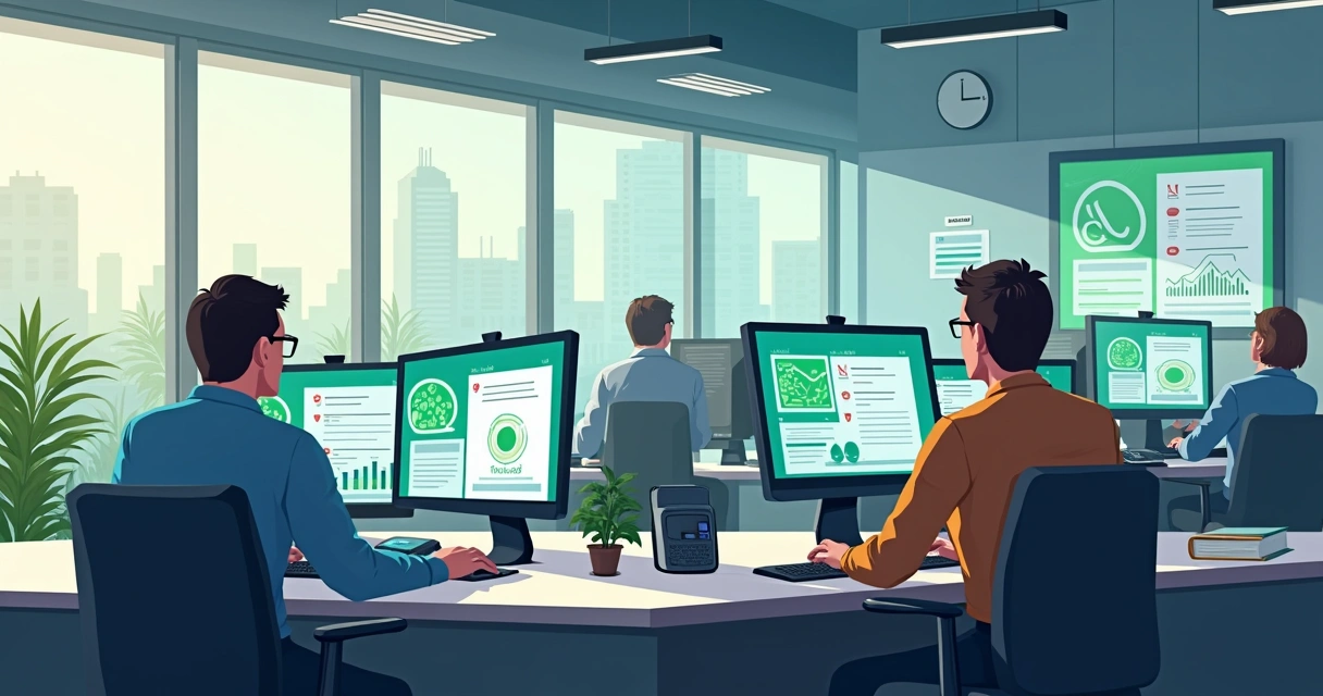 Ambiente de trabalho mostrando vários computadores conectados ao WhatsApp