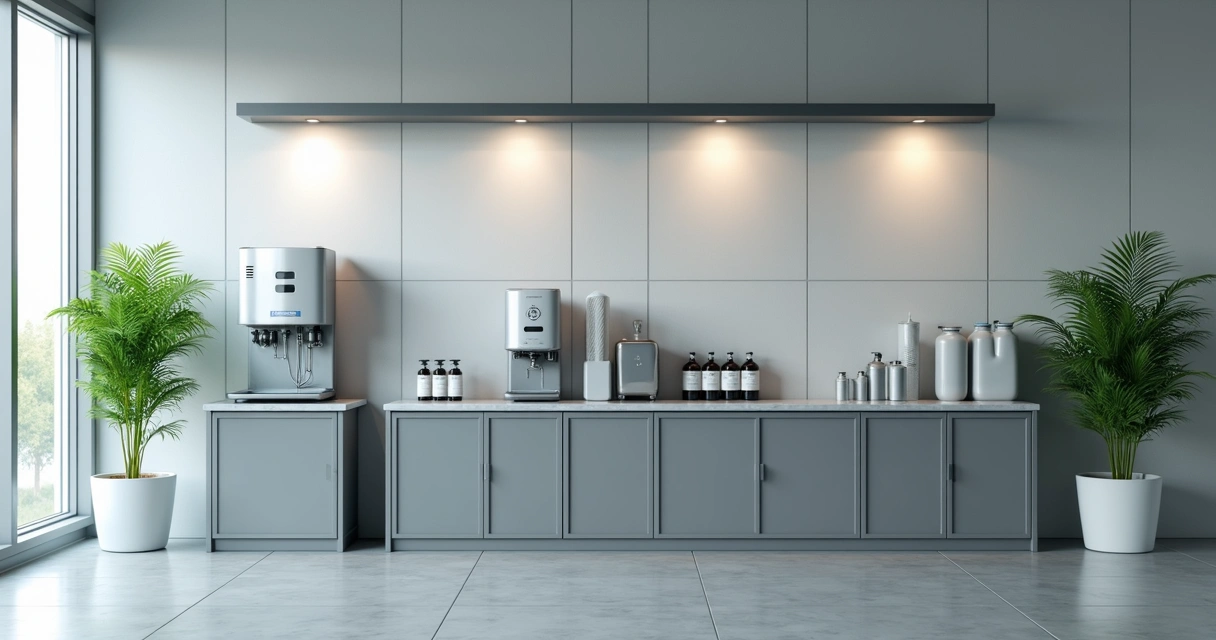 Dispenser e dosador de produtos de limpeza industrial em um ambiente corporativo 