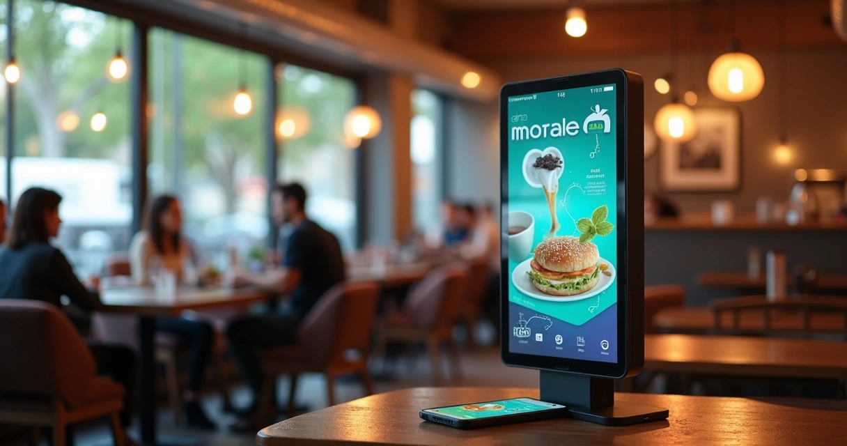 Totem digital carregador de celular em restaurante 