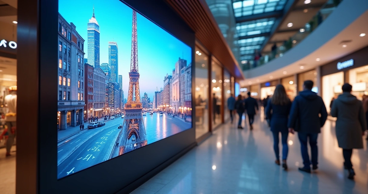 Display digital mostrando anúncio em um shopping movimentado