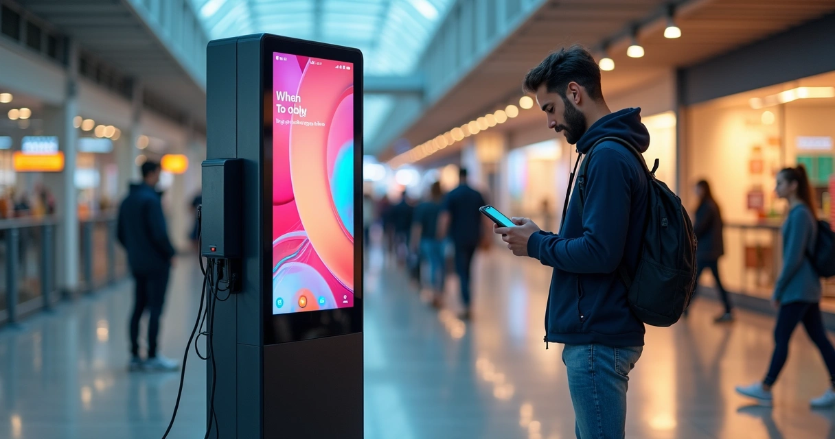 Totem digital para carregador de celular em ambiente público com display de anúncios e pessoa empreendedora administrando em smartphone 